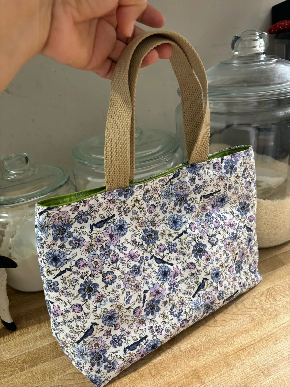 Floral Bird Print Tote Bag in White and Blue - Brand